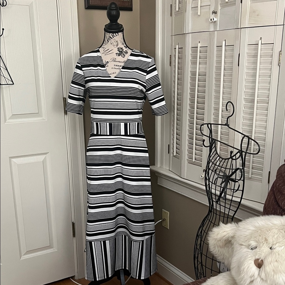 Chaus Black and White Striped Midi Dress